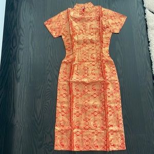 Gold medallion dragon brocade vintage Chinese dress -NWOT